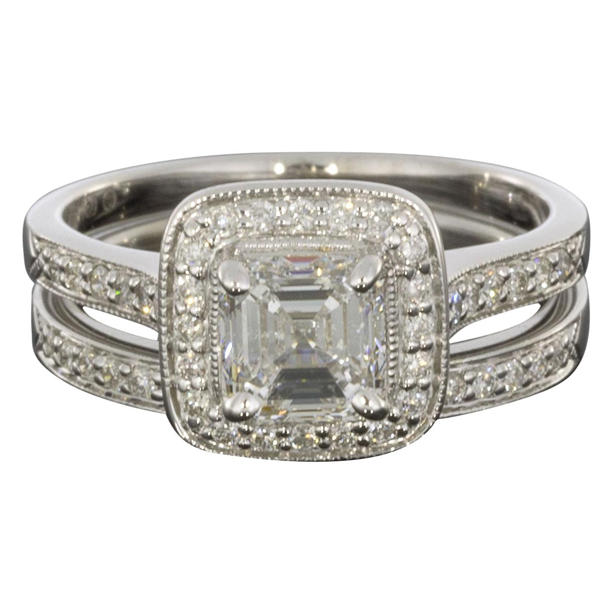 1.51 Carat GIA Certified Colorless Asscher Diamond Halo Engagement Ring Set