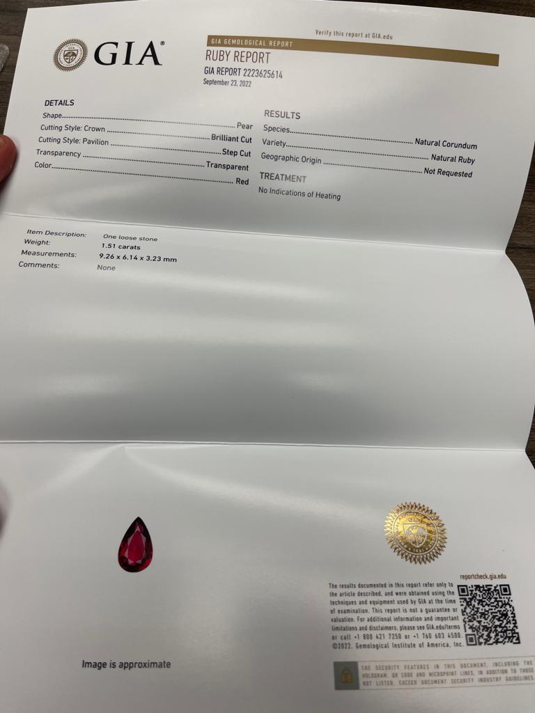 Modern 1.51 Carat GIA Certified No Heat Pear Shape Ruby For Sale