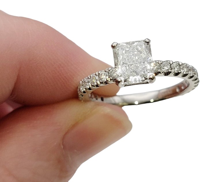 1.51 Carat GIA Radiant Cut Diamond Platinum Engagement Ring Pave Diamond Band For Sale 6