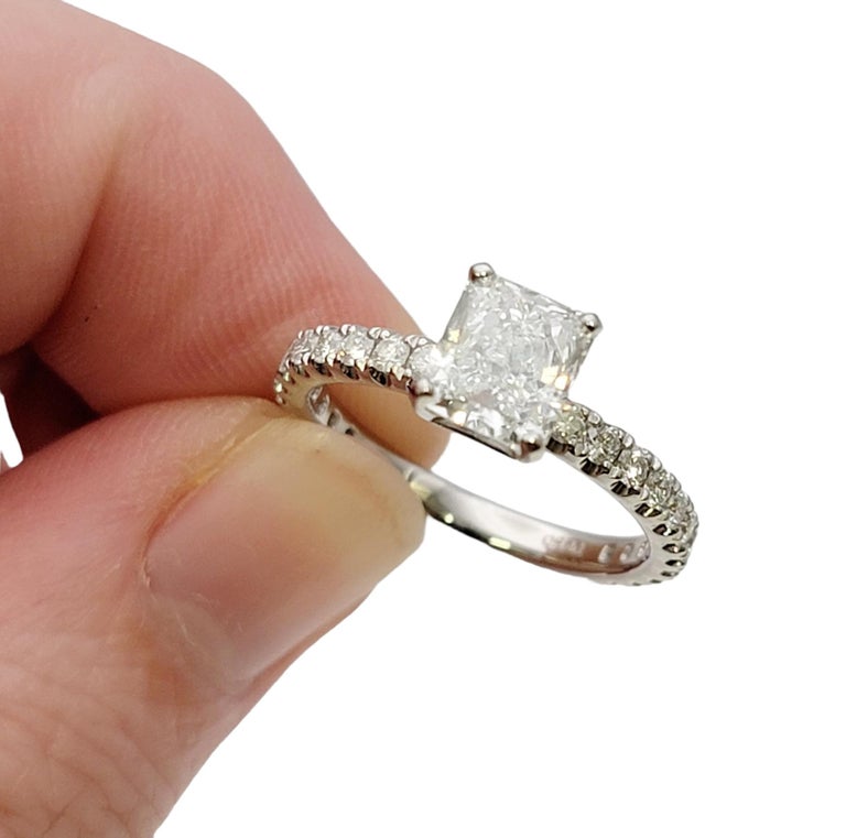 1.51 Carat GIA Radiant Cut Diamond Platinum Engagement Ring Pave Diamond Band For Sale 7