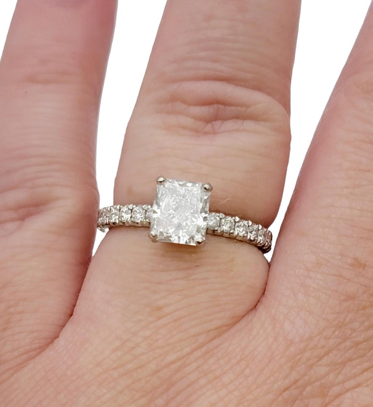 1.51 Carat GIA Radiant Cut Diamond Platinum Engagement Ring Pave Diamond Band For Sale 8