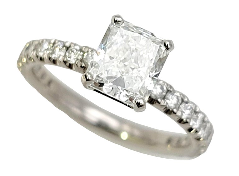 Contemporary 1.51 Carat GIA Radiant Cut Diamond Platinum Engagement Ring Pave Diamond Band For Sale