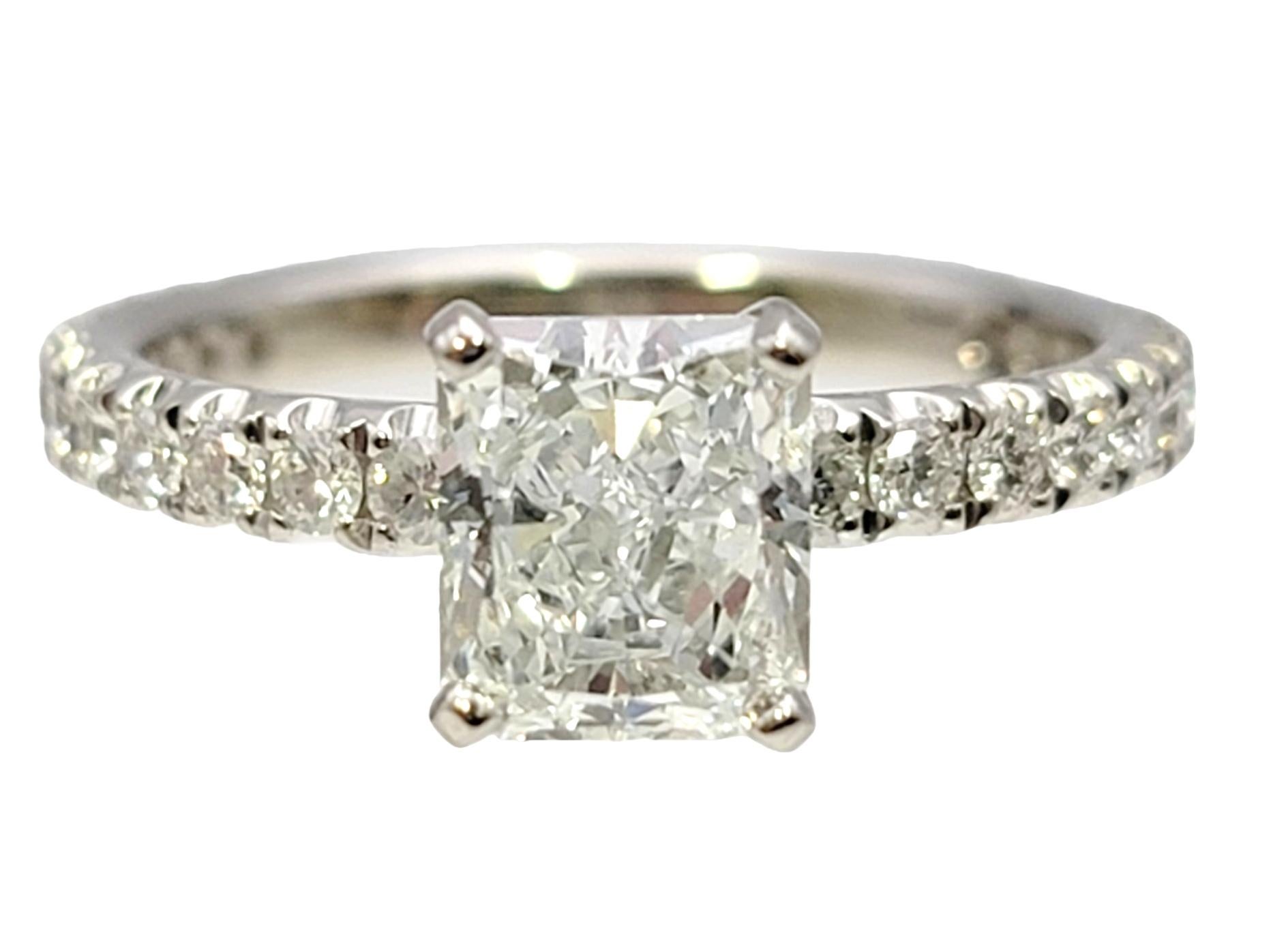 Contemporary 1.51 Carat GIA Radiant Cut Diamond Platinum Engagement Ring Pave Diamond Band