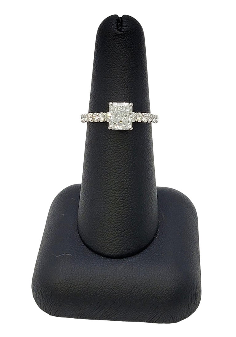 1.51 Carat GIA Radiant Cut Diamond Platinum Engagement Ring Pave Diamond Band For Sale 4