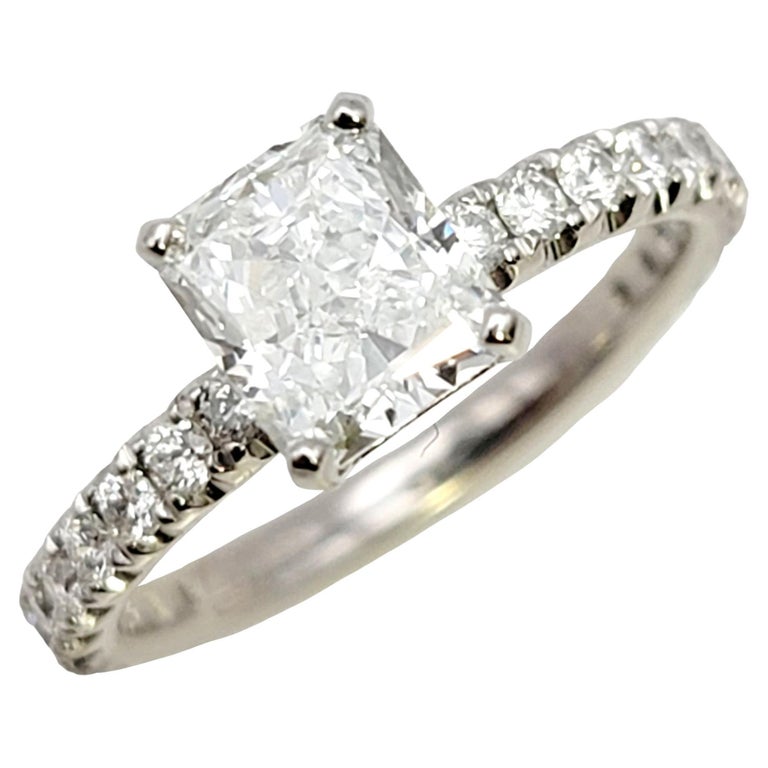 1.51 Carat GIA Radiant Cut Diamond Platinum Engagement Ring Pave Diamond Band For Sale