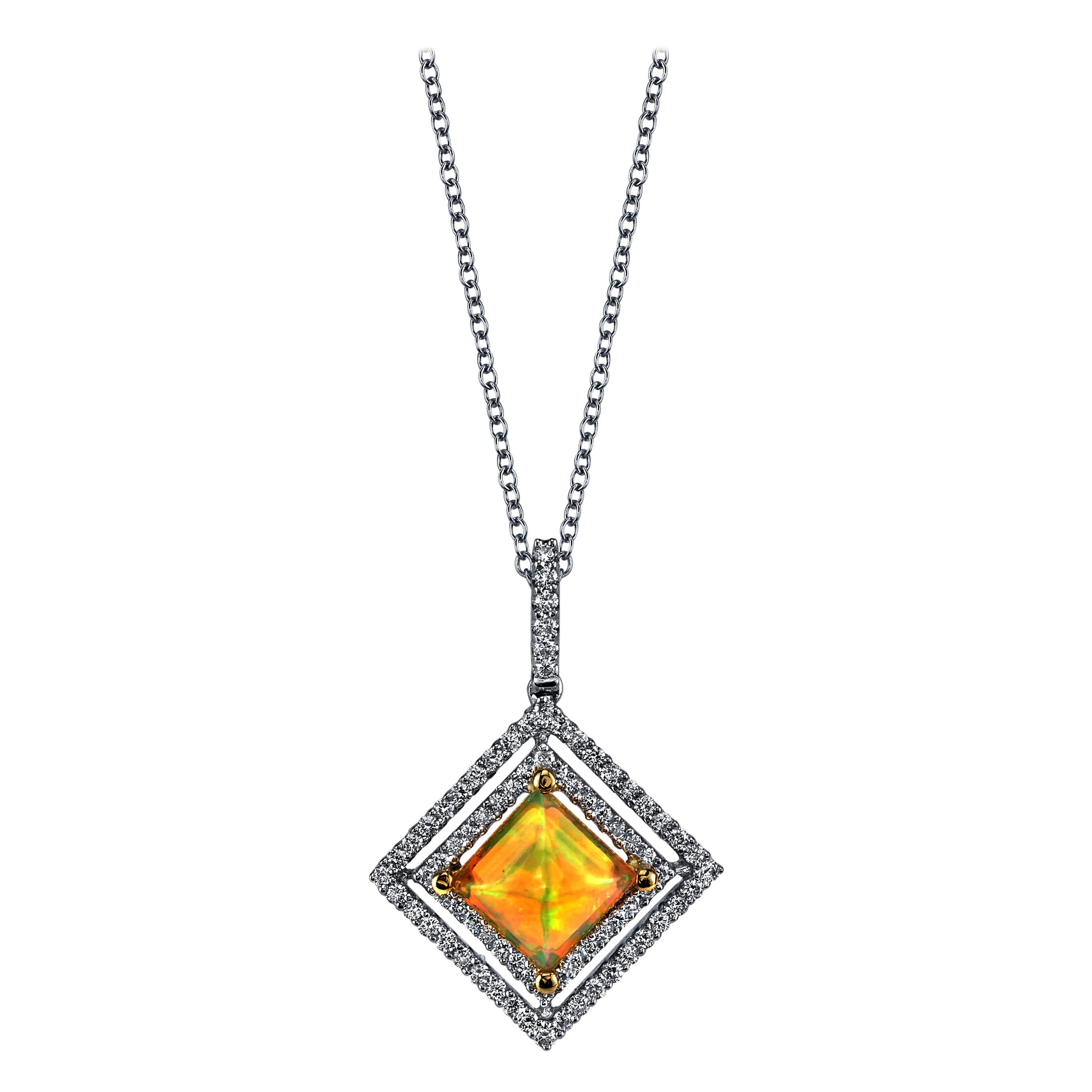 Golden Opal and Floating Diamond Double Halo Necklace in White Gold