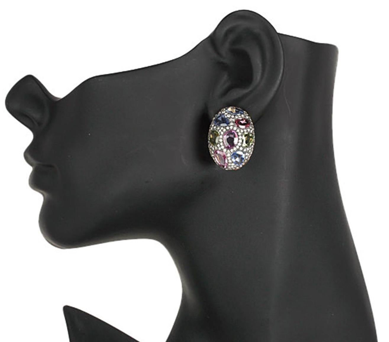 Modern 15.1 Carat Multi Sapphire Diamond 14 Karat Gold Tutti Frutti Stud Earrings For Sale