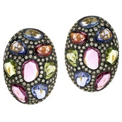 Clous d'oreilles Tutti Frutti en or 14 carats avec diamants et saphirs multicolores de 15,1 carats