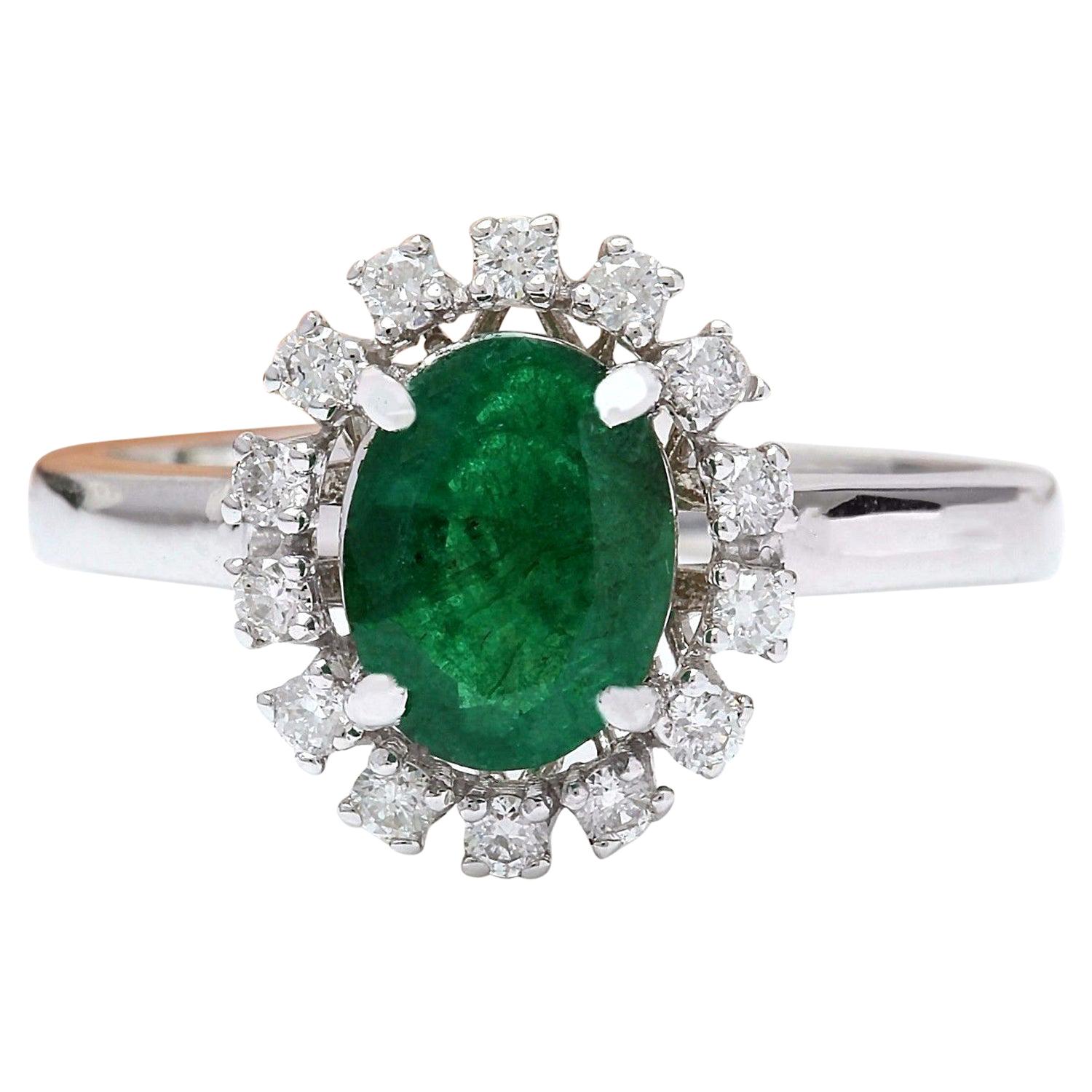 1.51 Carat Natural Emerald 14 Karat Solid White Gold Diamond Ring For Sale