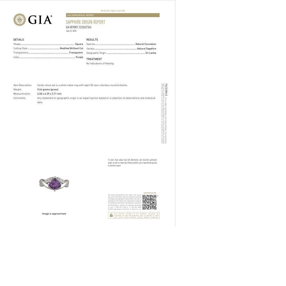 Anillo de platino con diamante zafiro púrpura sin calor de 1,51 quilates, certificado GIA en venta 1