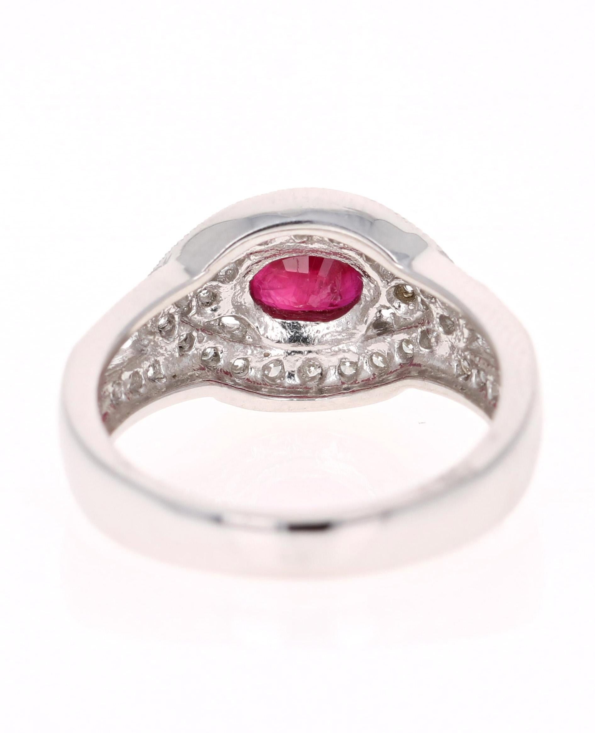 Contemporary 1.51 Carat Oval Cut Burmese Ruby Diamond 14 Karat White Gold Ring Cocktail For Sale