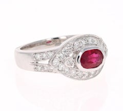 1.51 Carat Oval Cut Natural Ruby Diamond 14 Karat White Gold Cluster Ring