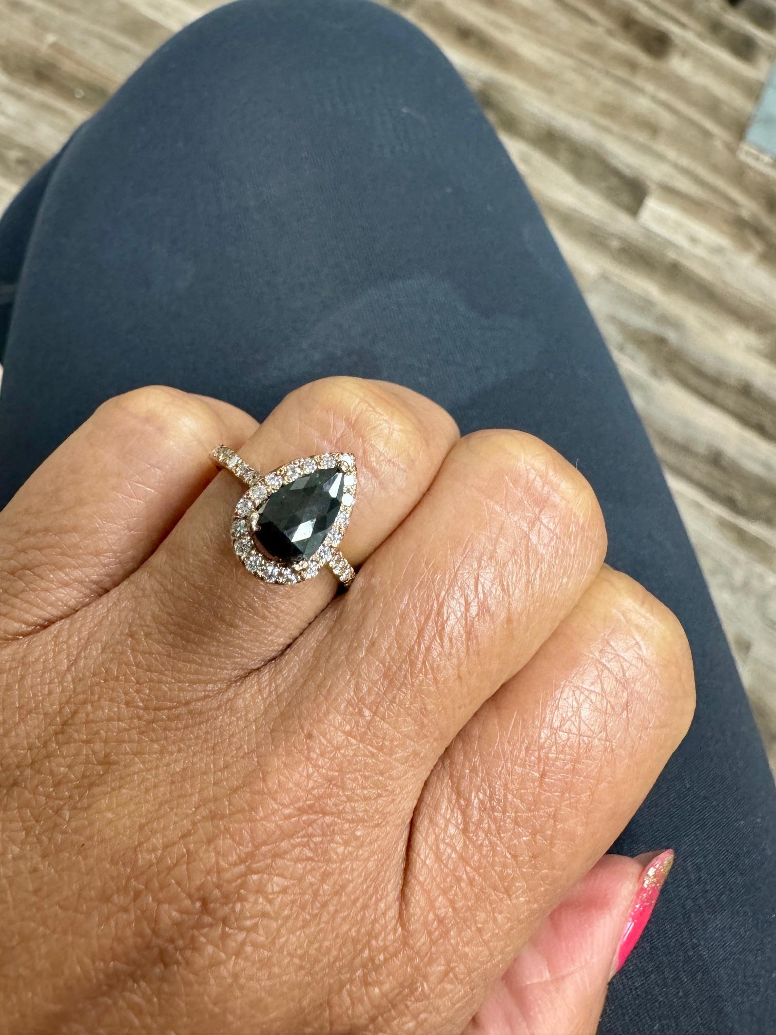 Women's 1.51 Carat Pear Cut Black Diamond 14 Karat Rose Gold Engagement Ring For Sale