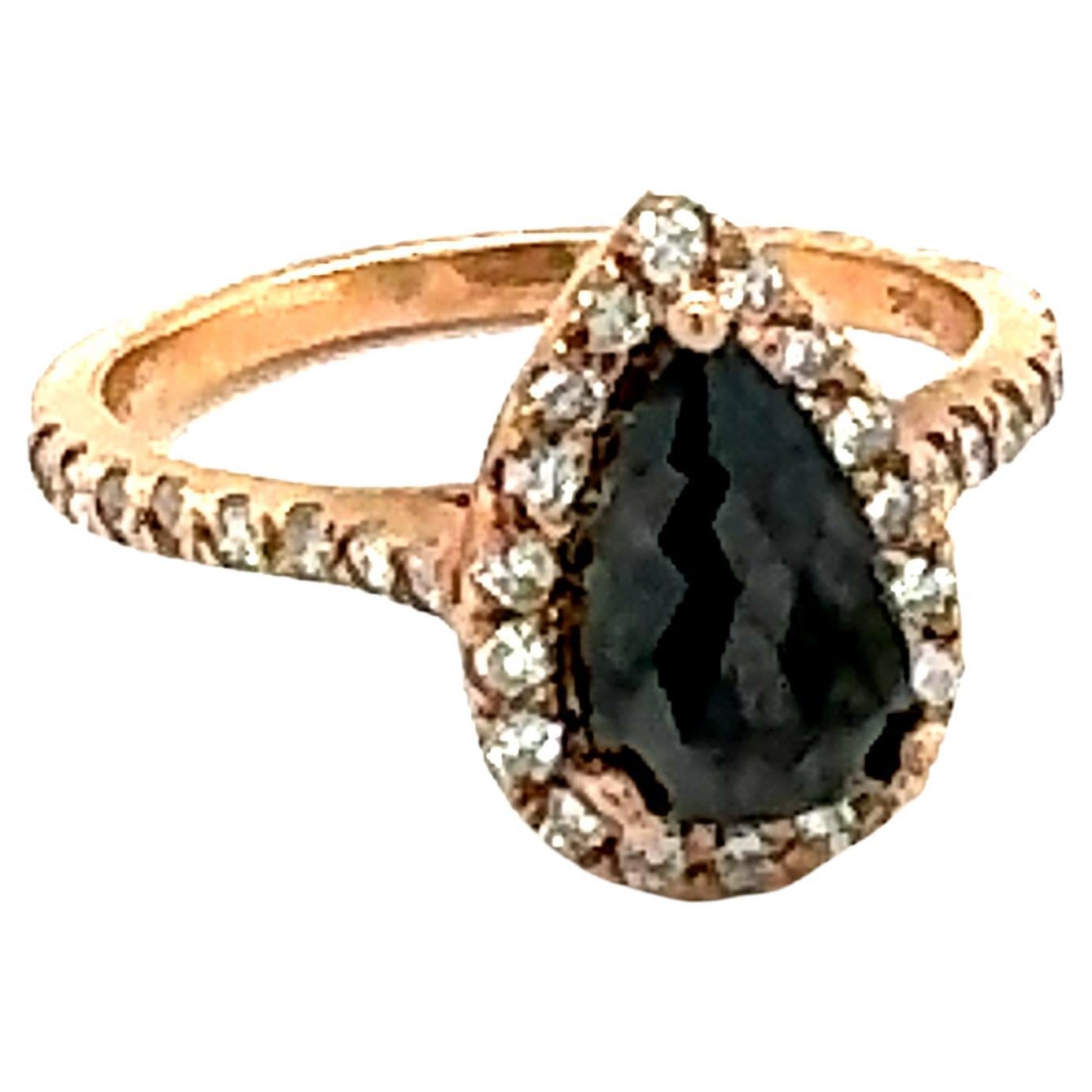 1.51 Carat Pear Cut Black Diamond 14 Karat Rose Gold Engagement Ring For Sale