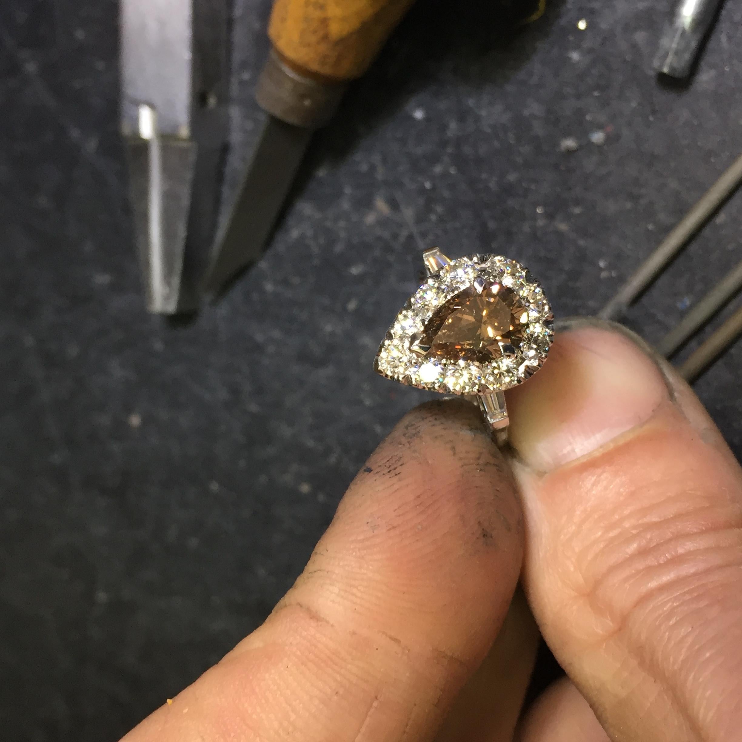 1.51 Carat Pear Cut Champagne Diamond Halo Engagement Ring For Sale 8
