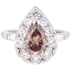 1.51 Carat Pear Cut Champagne Diamond Halo Engagement Ring