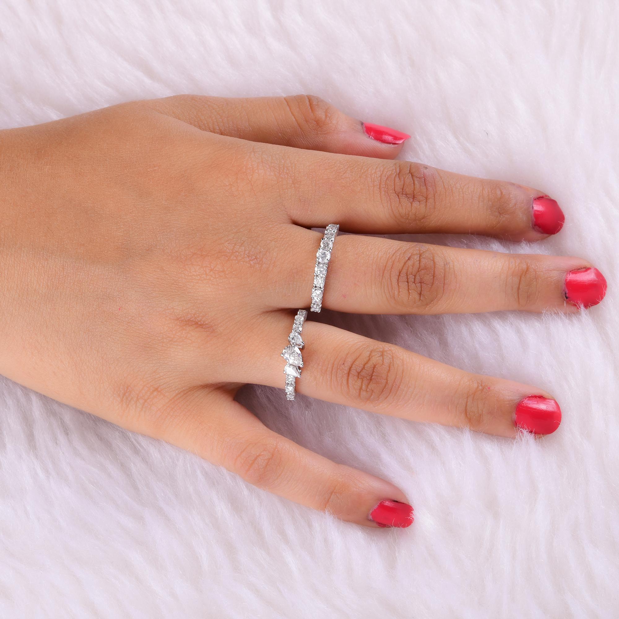 Modern 1.51 Carat Pear & Round Diamond Stack Ring Set 18 Karat White Gold Fine Jewelry For Sale