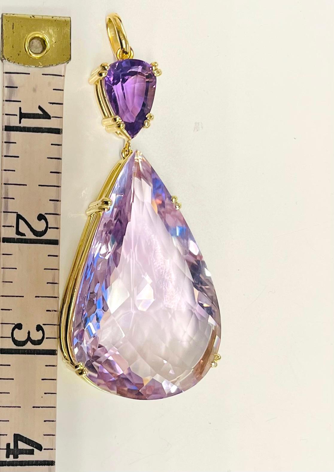 151 Carat Pear Shaped Rose De France Amethyst Pendant in Yellow Gold 3