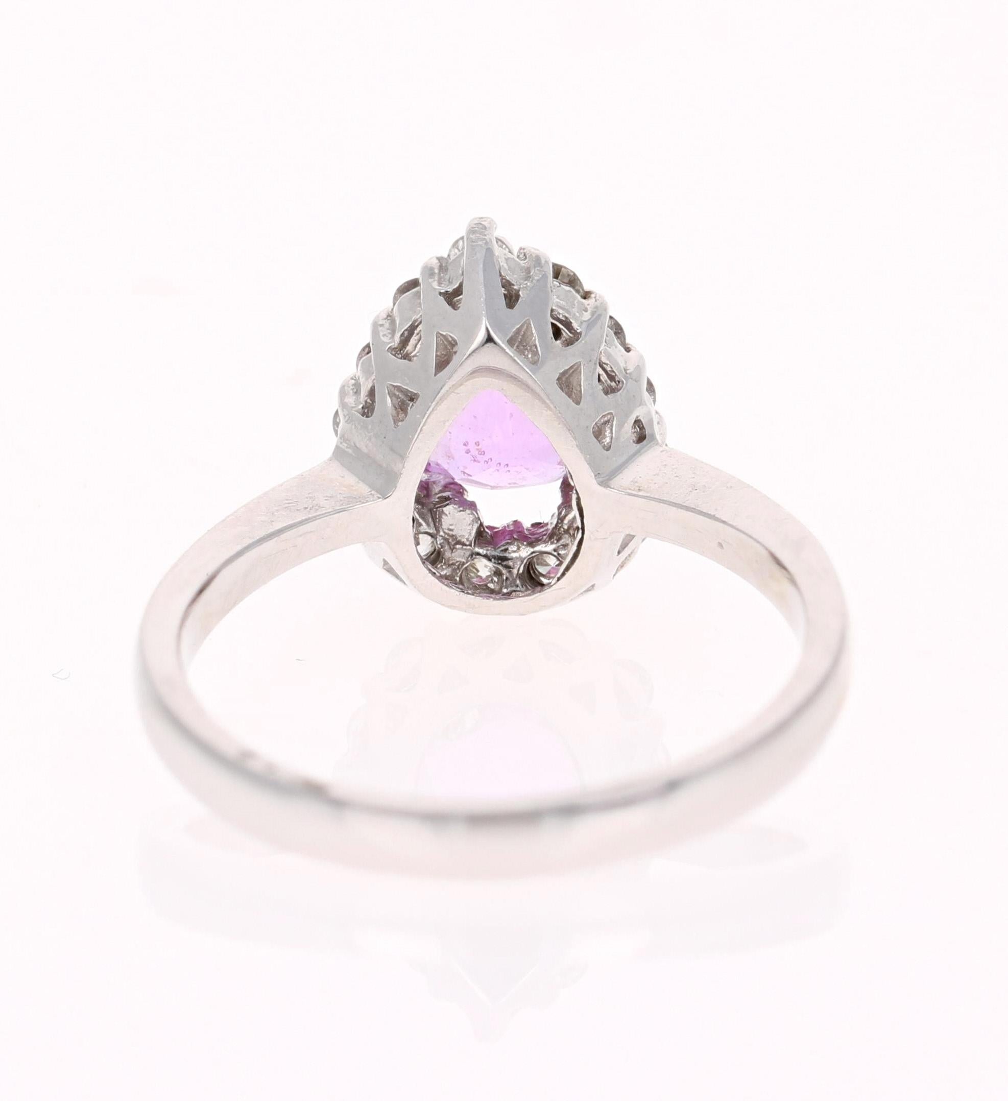 Pear Cut 1.51 Carat Pink Sapphire Diamond 14 Karat White Gold Cocktail Ring