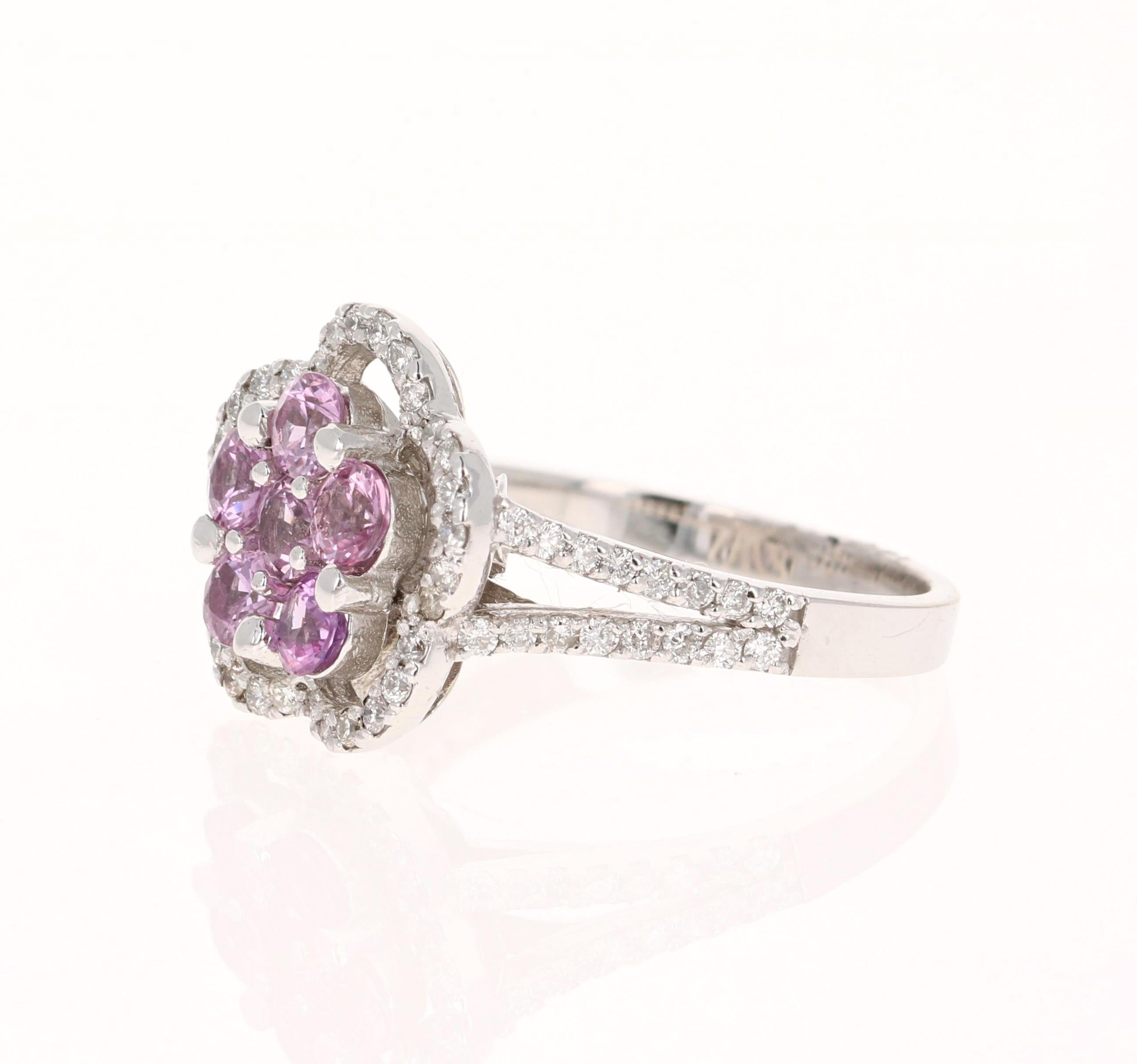 Round Cut 1.51 Carat Pink Sapphire Diamond 14 Karat White Gold Ring For Sale