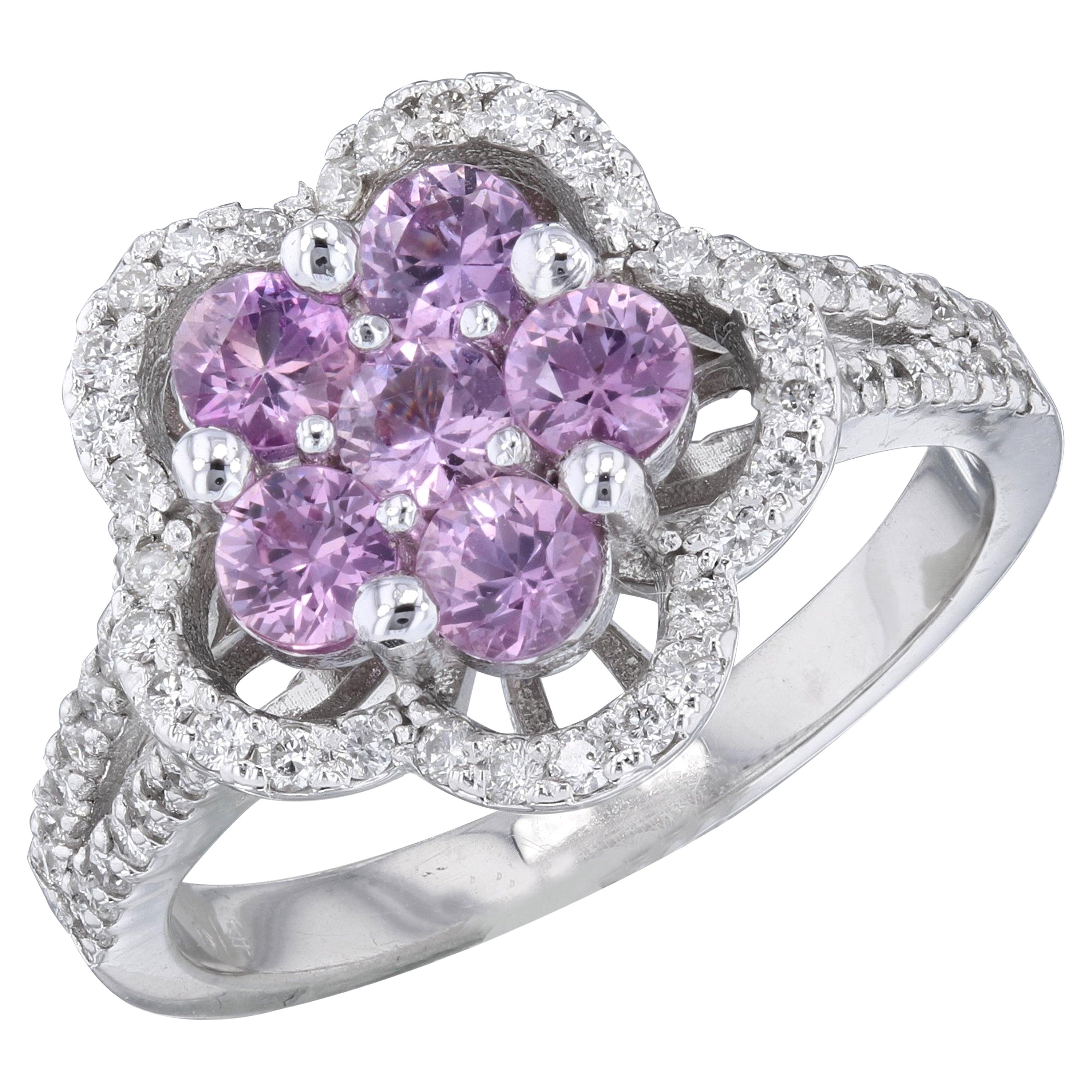 Bague en or blanc 14 carats avec saphir rose 1,51 carat et diamants
