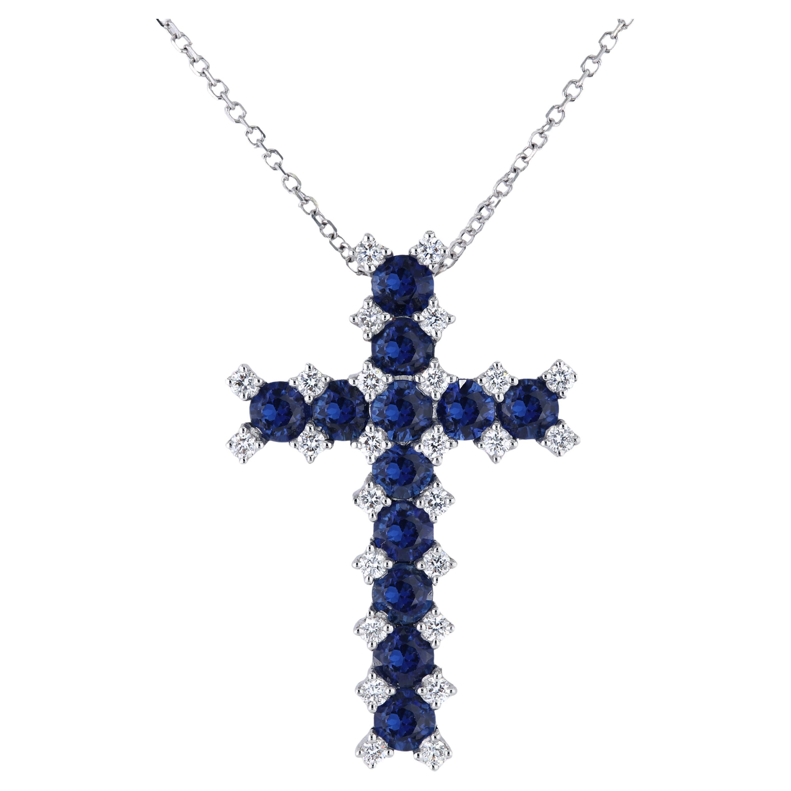1.51 Carat Round Blue Sapphire and 0.26 Ct Round Natural Diamond Cross Pendant For Sale