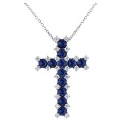 1.51 Carat Round Blue Sapphire and 0.26 Ct Round Natural Diamond Cross Pendant