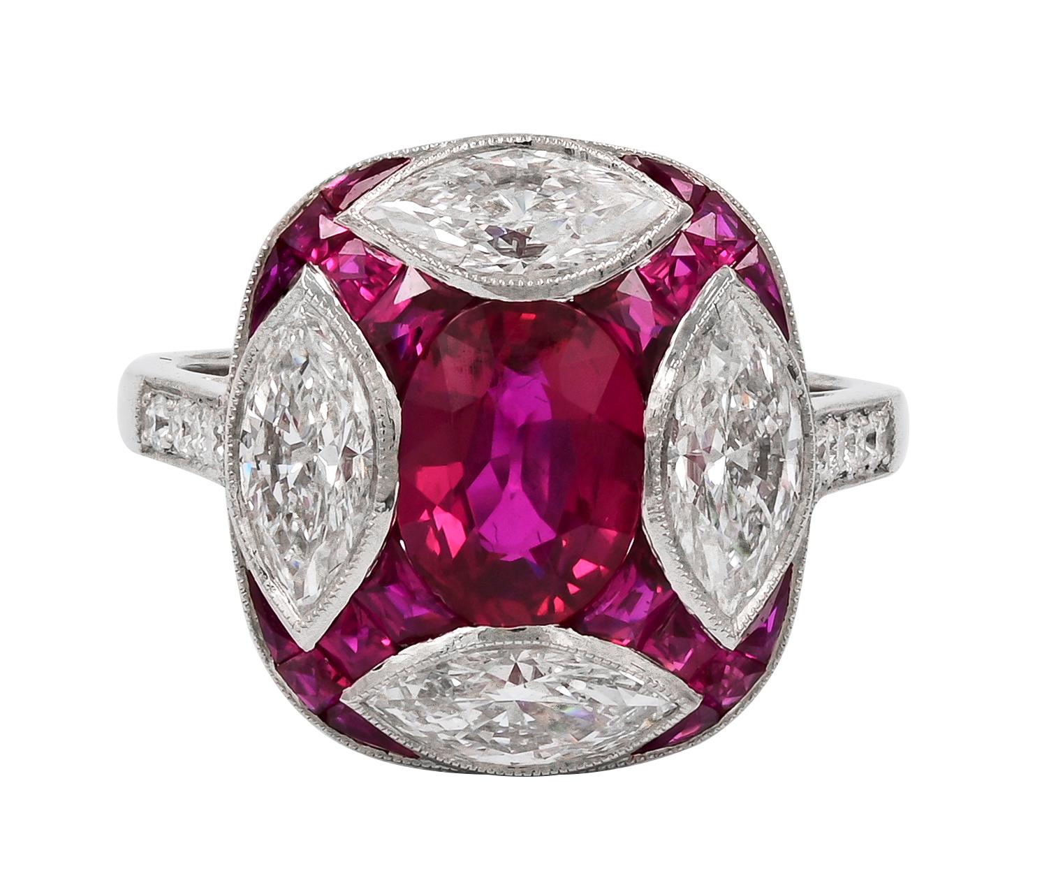 The platinum Art Deco style ring by Sophia D features a total of 1.51 carats rubies and 4 marquise cut diamonds that weigh a total of 1.85 carats and .37 carats of small round diamonds. Also available for resizing.

Sophia D by Joseph Dardashti LTD
