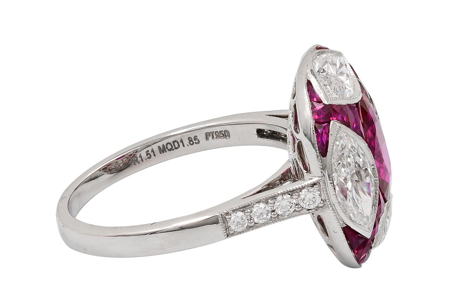 Marquise Cut Sophia D, 1.51 Carat Ruby and Diamond Art Deco Style Ring in Platinum For Sale
