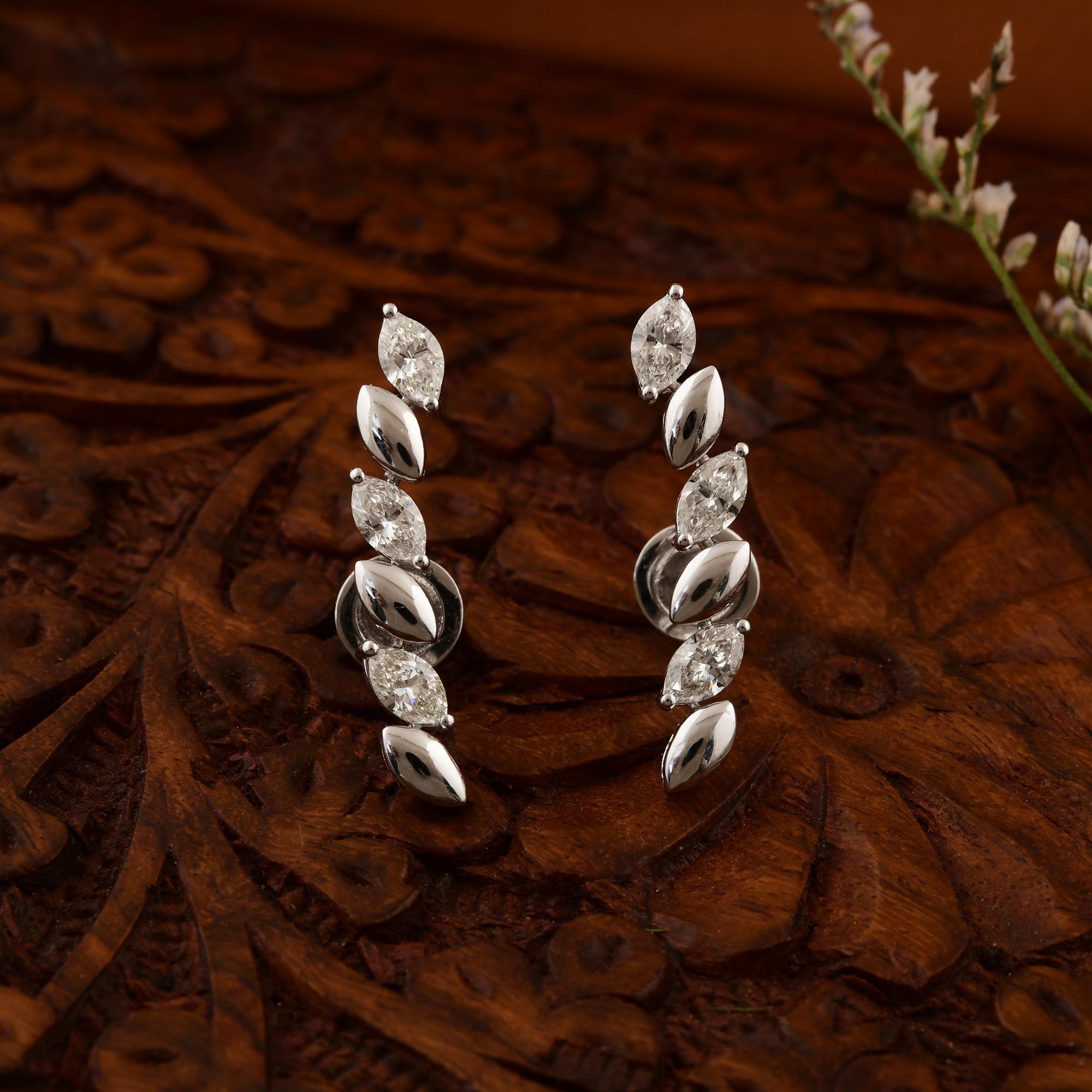 Modern 1.51 Carat SI Clarity HI Color Marquise Diamond Leaf Earrings 18k White Gold For Sale