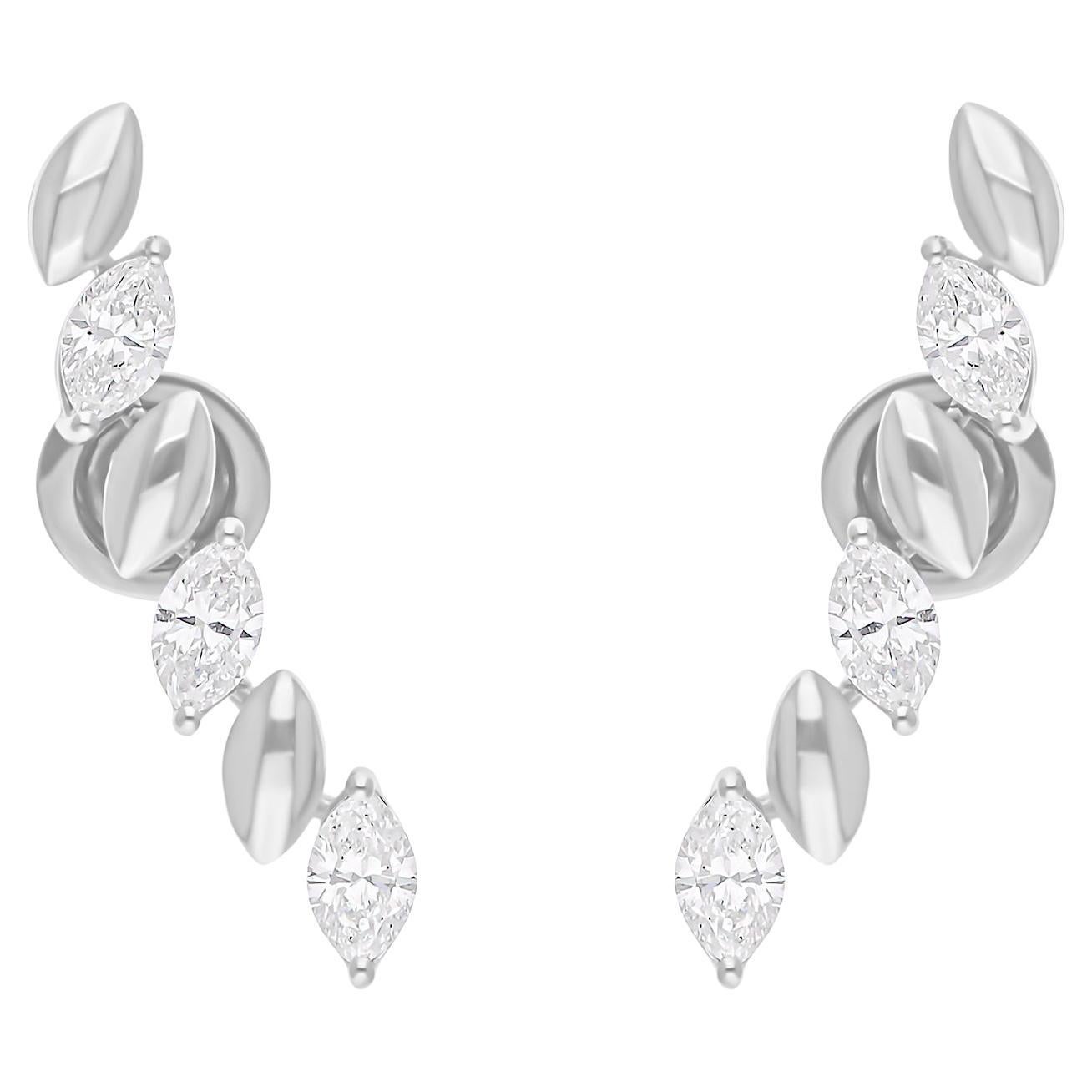 1.51 Carat SI Clarity HI Color Marquise Diamond Leaf Earrings 18k White Gold For Sale