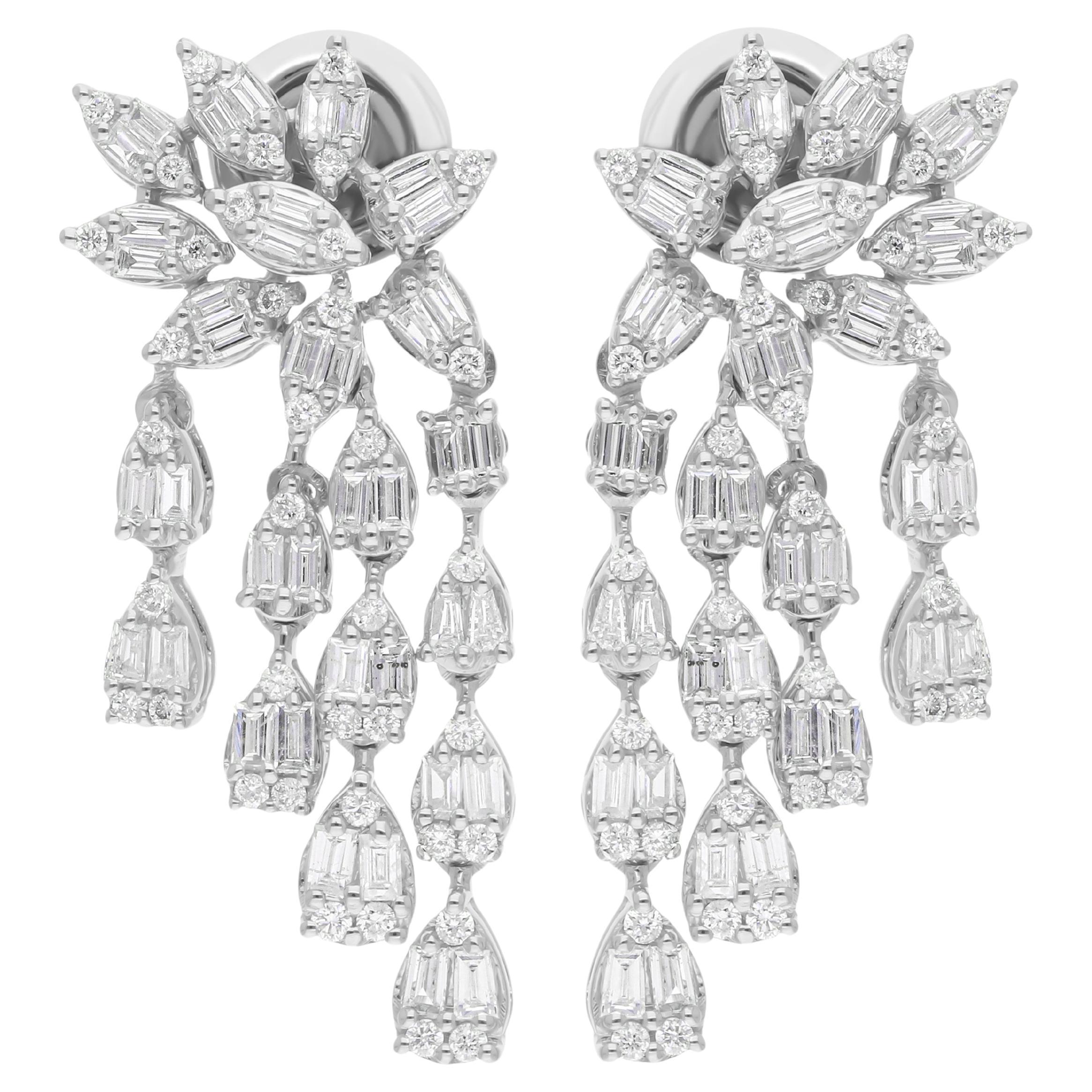 1.51 Carat SI/H Baguette Round Diamond Chandelier Earrings 18 Karat White Gold