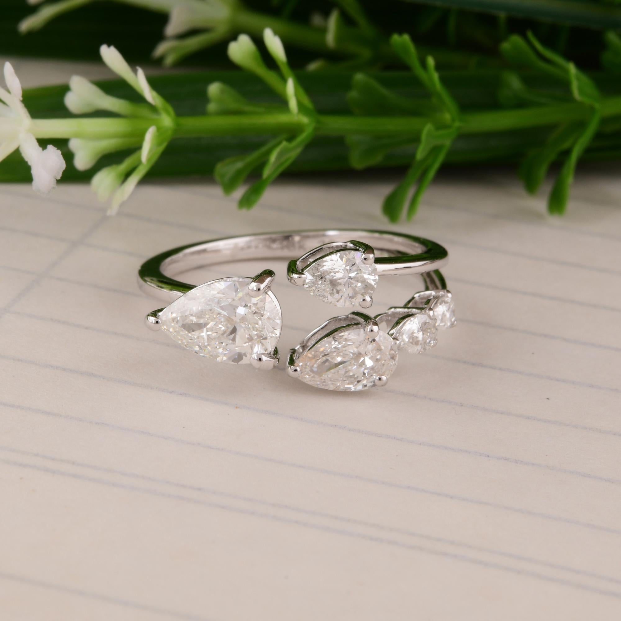 Pear Cut 1.51 Carat SI/H Pear Brilliant Cut Diamond Cuff Ring 18 Karat White Gold Jewelry For Sale