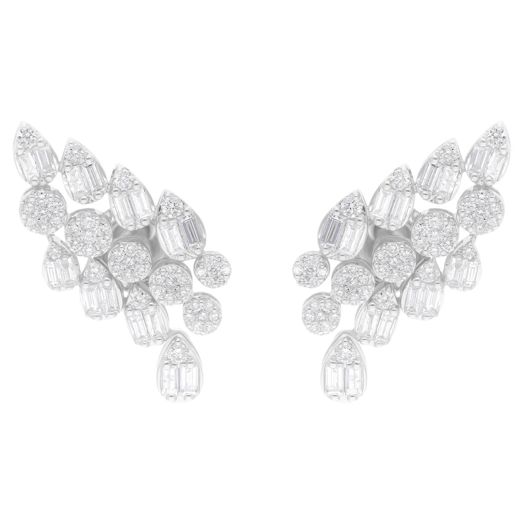 Boucles d'oreilles en or blanc 18 carats avec diamants taille baguette ronde 1,51 carat SI/H