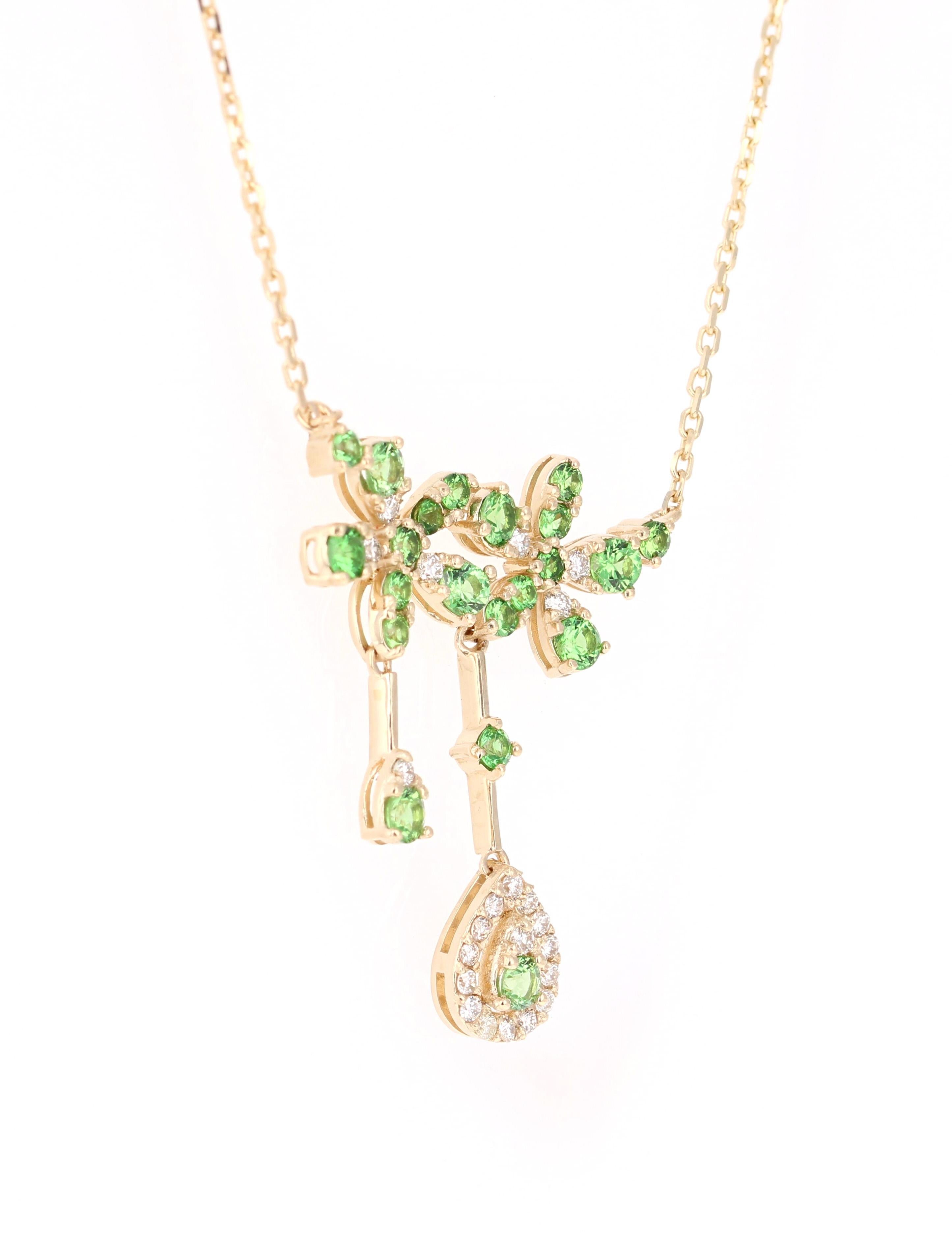 This unique chain necklace has 21 Tsavorites that weigh 1.18 Carats and 22 Round Cut Diamonds that weigh 0.33 Carats. (Clarity: SI, Color: F) The total carat weight of the ring is 1.51 Carats. 

The necklace is made in 14K Yellow Gold and weighs
