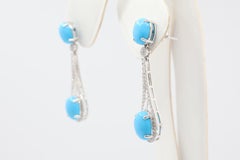 1.51 Carat Turquoise and Diamond Drop Earrings in 18K White Gold Halo
