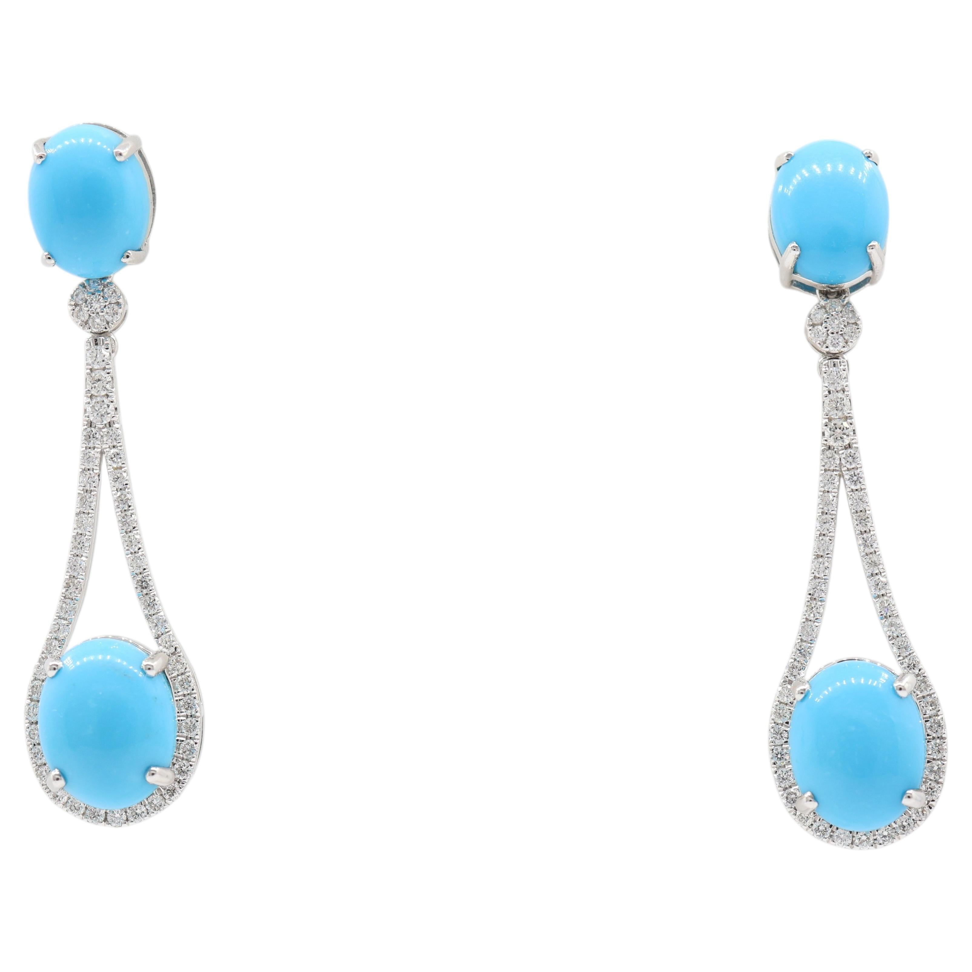 1.51 Carat Turquoise and Diamond Drop Earrings in 18K White Gold Halo