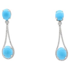 1.51 Carat Turquoise and Diamond Drop Earrings in 18K White Gold Halo