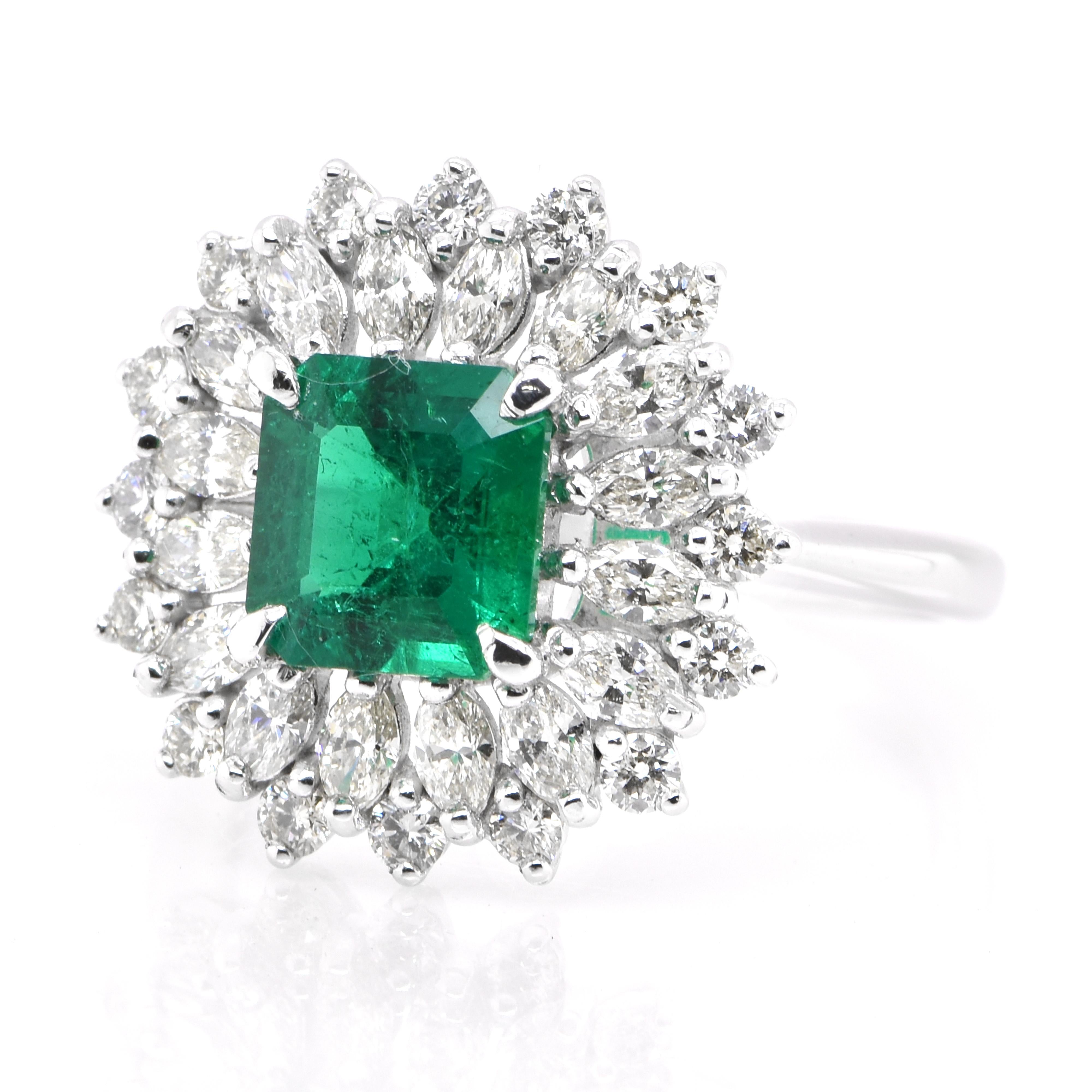 A stunning ring featuring a 1.51 Carat Natural Emerald and 1.15 Carats of Diamond Accents set in Platinum. People have admired emerald’s green for thousands of years. Emeralds have always been associated with the lushest landscapes and the richest