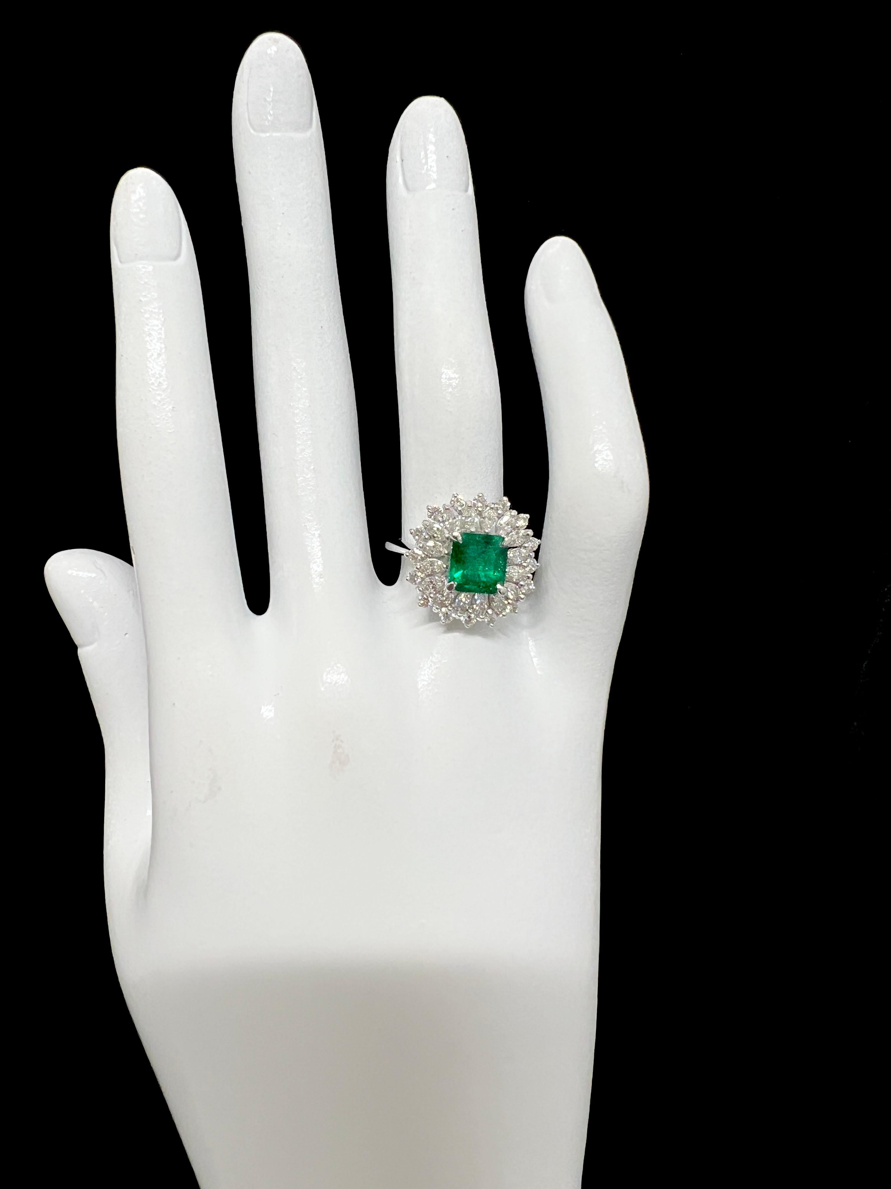 Emerald Cut 1.51 Carat Vivid Green, Colombian Emerald and Diamond Ring Set in Platinum For Sale