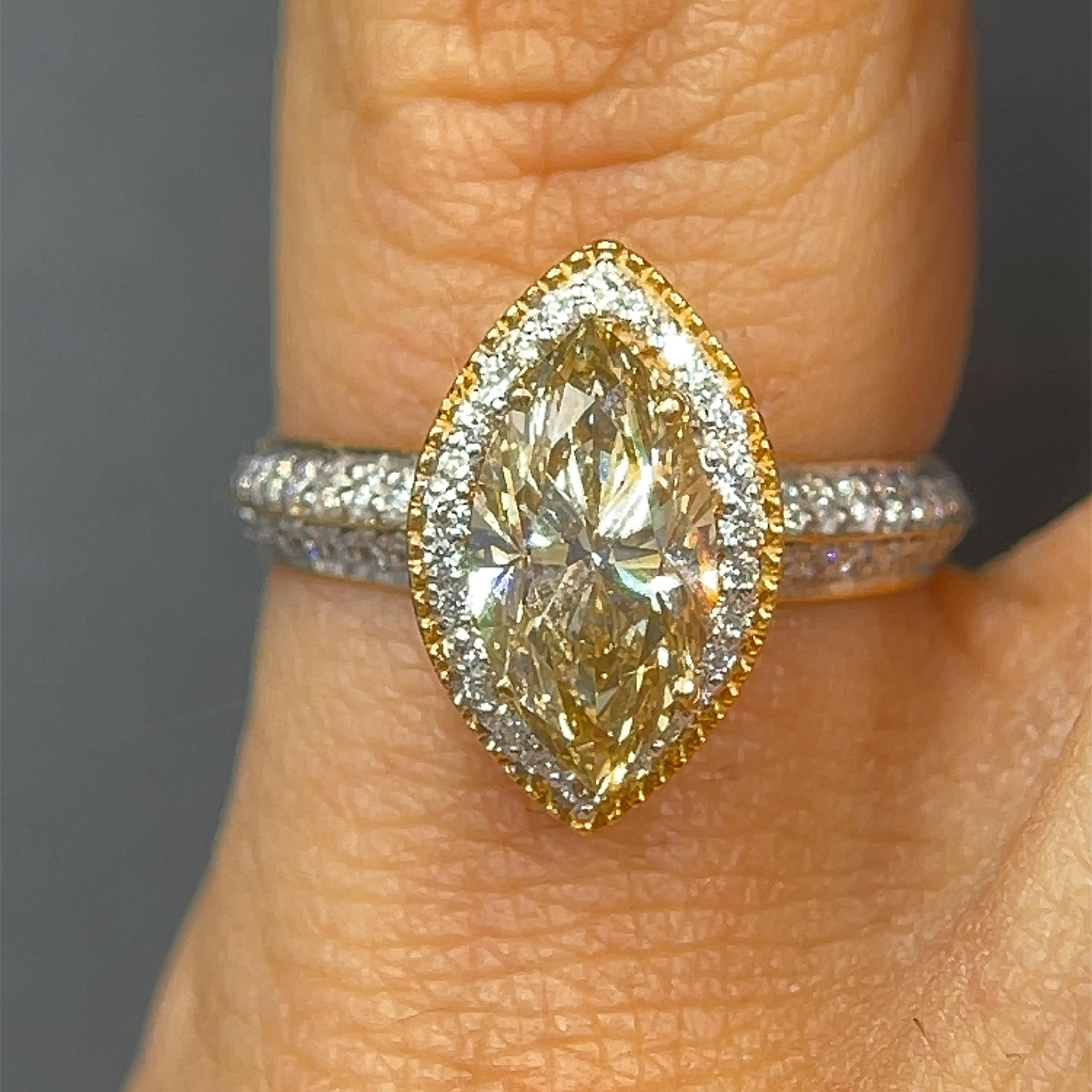 Marquise Cut 1.51 Carat Yellow Marquise 0.23 Carat Round Cut Diamond Ring 18K Gold For Sale