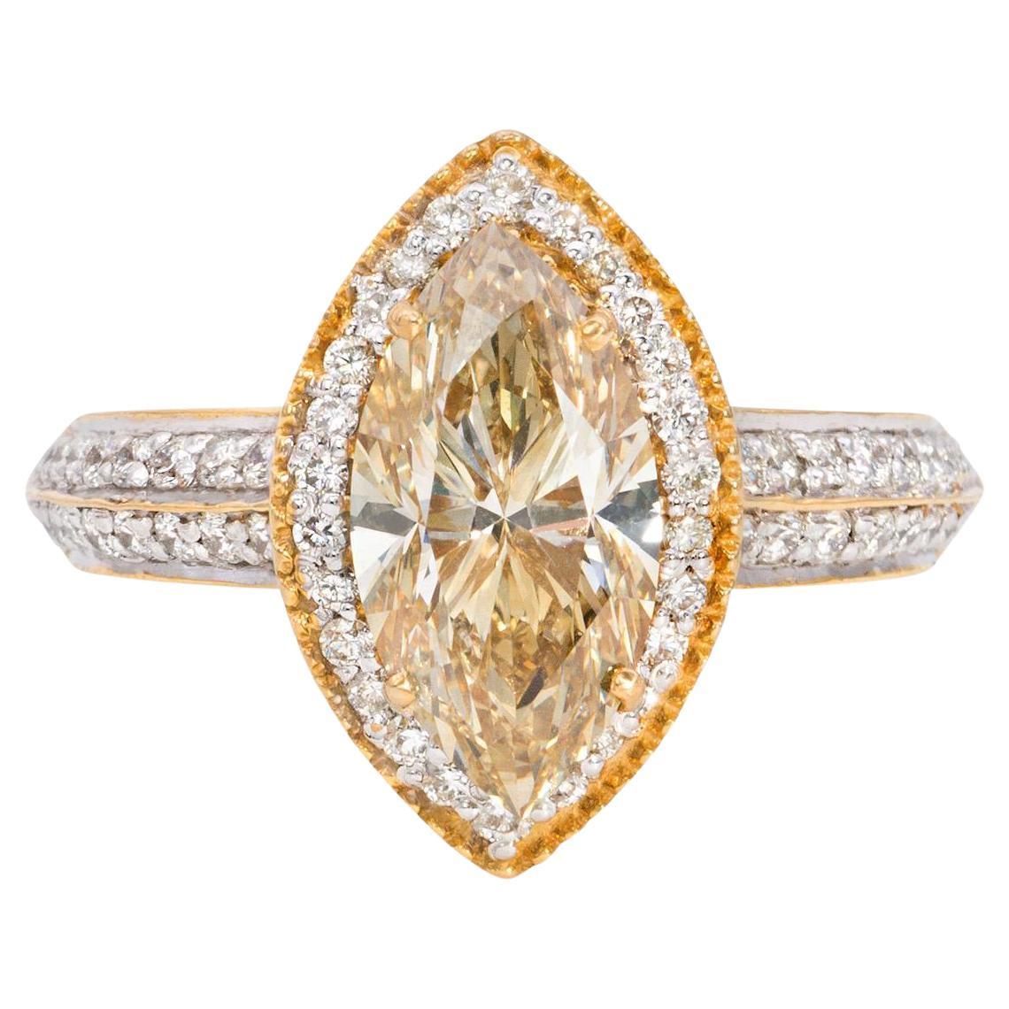 1.51 Carat Yellow Marquise 0.23 Carat Round Cut Diamond Ring 18K Gold For Sale