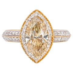 1.51 Carat Yellow Marquise 0.23 Carat Round Cut Diamond Ring 18K Gold