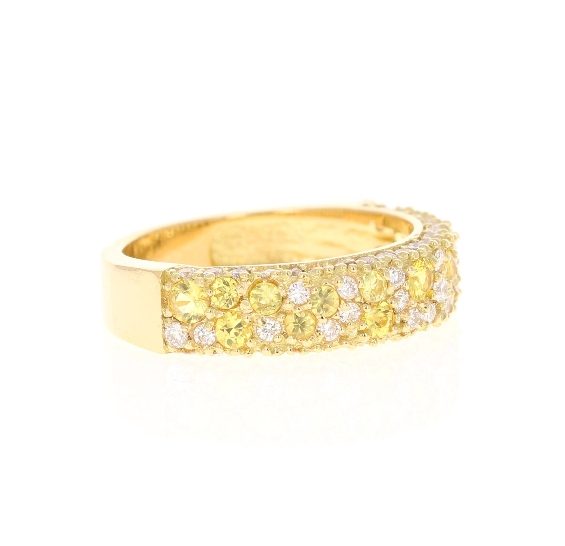 This Yellow Sapphire and White Diamond Band is stunning and versatile! Can be worn as a wedding or engagement band or as a gorgeous cocktail ring or an everyday stunner! 

There are 59 Round Cut Diamonds that weigh 0.75 Carats and 16 Round Cut