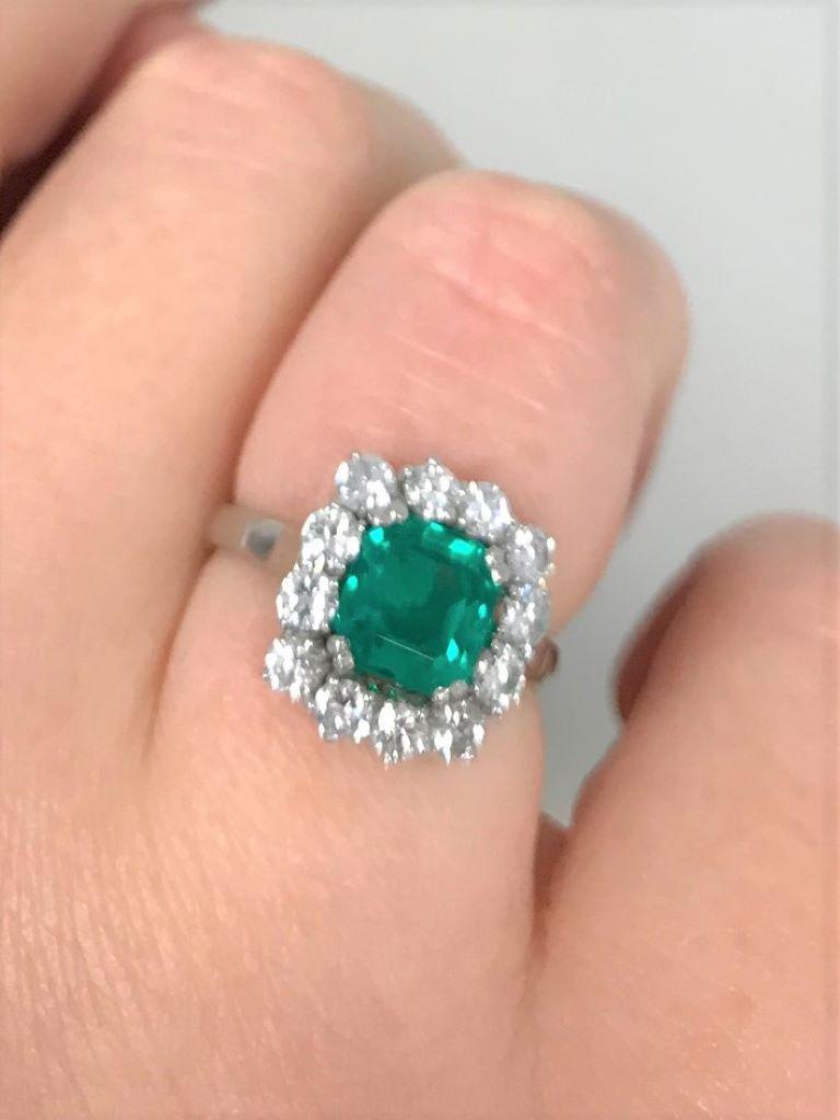 1.51 Carat Colombian Emerald Diamond and Platinum Cluster Ring with Certificate 4