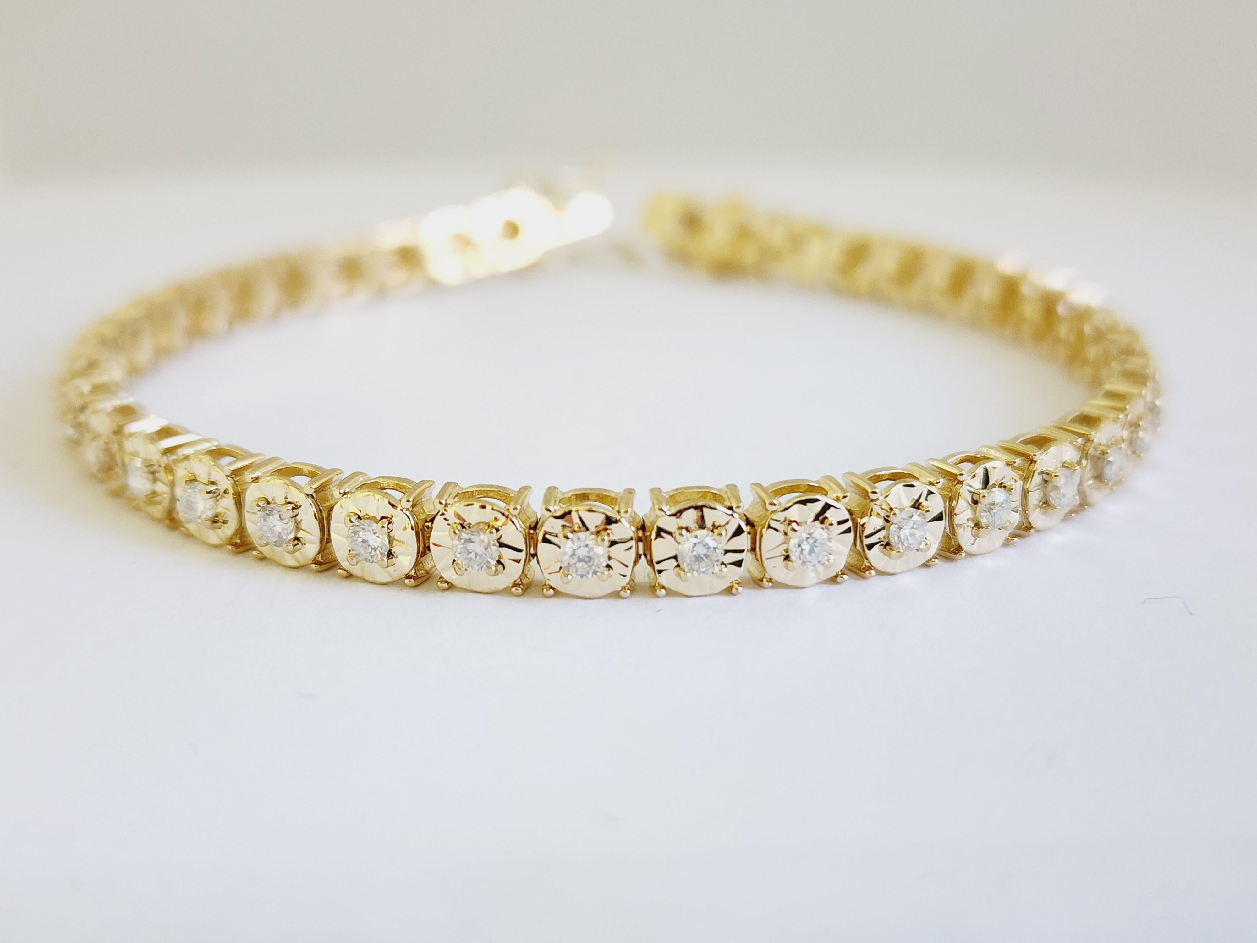 Natural Diamonds Approx. 1.51 carat total weight
Average Display Color: I, Clarity: SI
Metal Type: 4 Prong 14 karat yellow gold miracle Illusion setting
Length 7 inch 