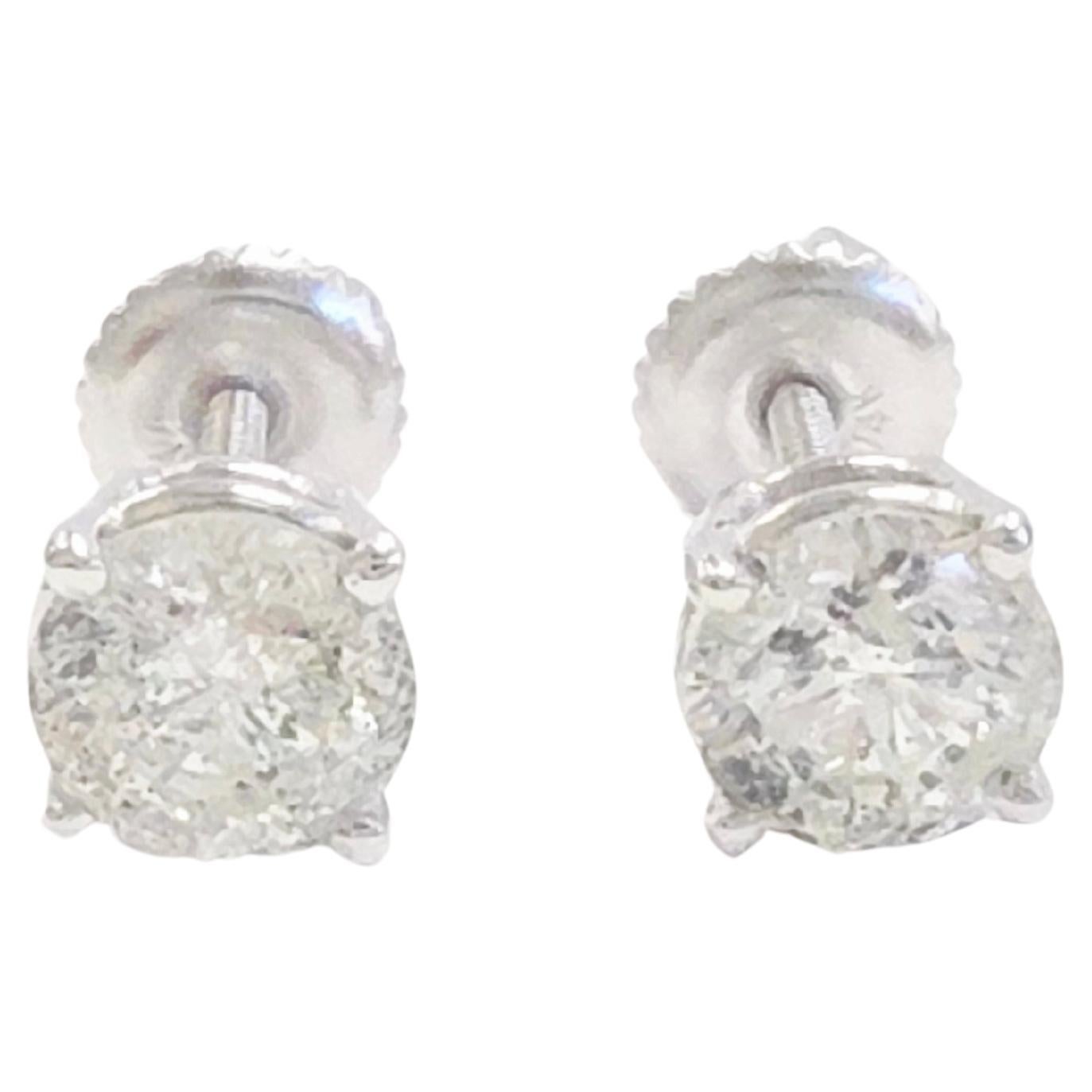1.51 Carats Natural Diamond Round Shape Studs 14 Karat White Gold