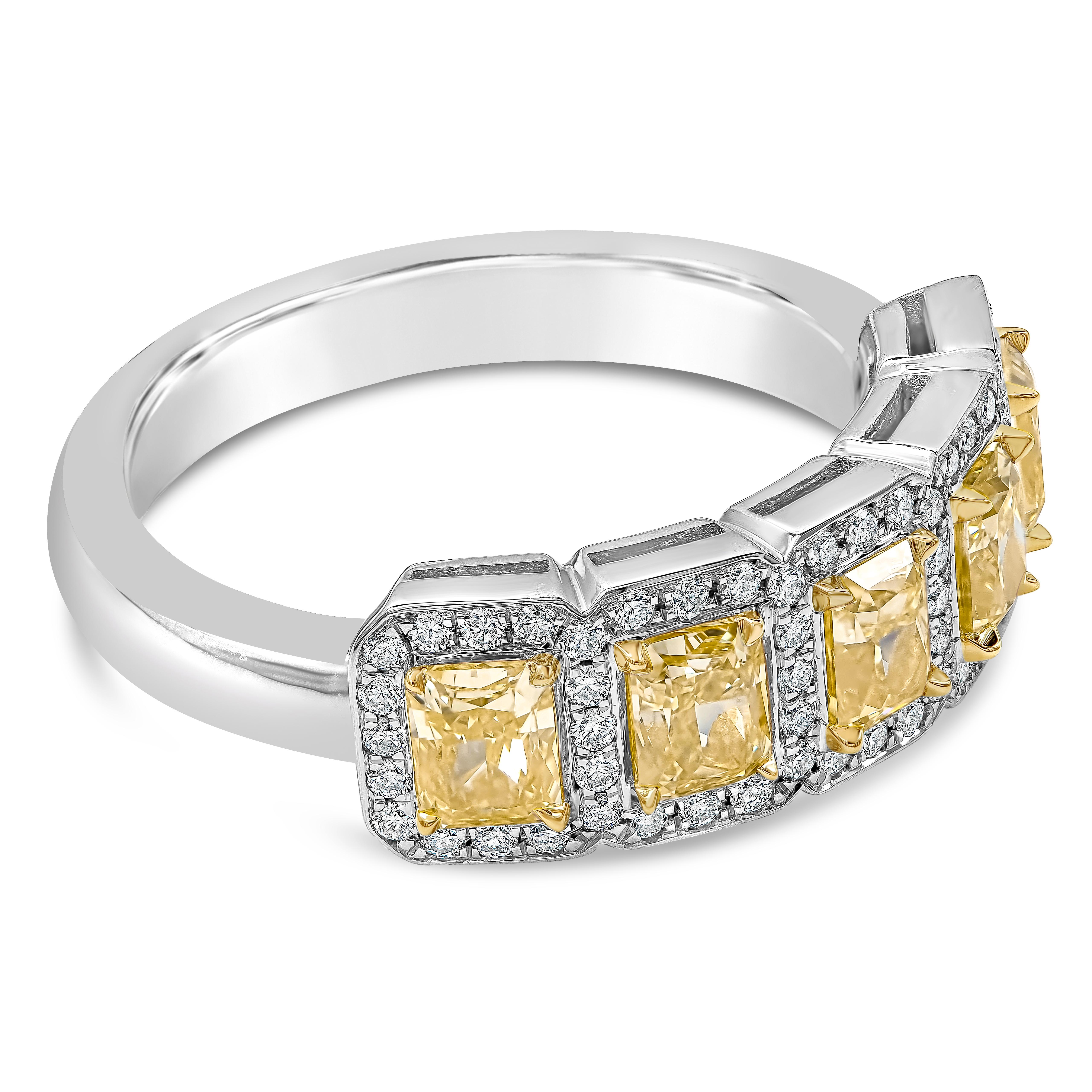 Features five radiant cut diamonds weighing 1.51 carats total fancy yellow diamond and VS in Clarity. Each diamond is surrounded by a single row of brilliant round diamonds set in a pave style weighing 0.25 carats total. Made with 18K yellow gold