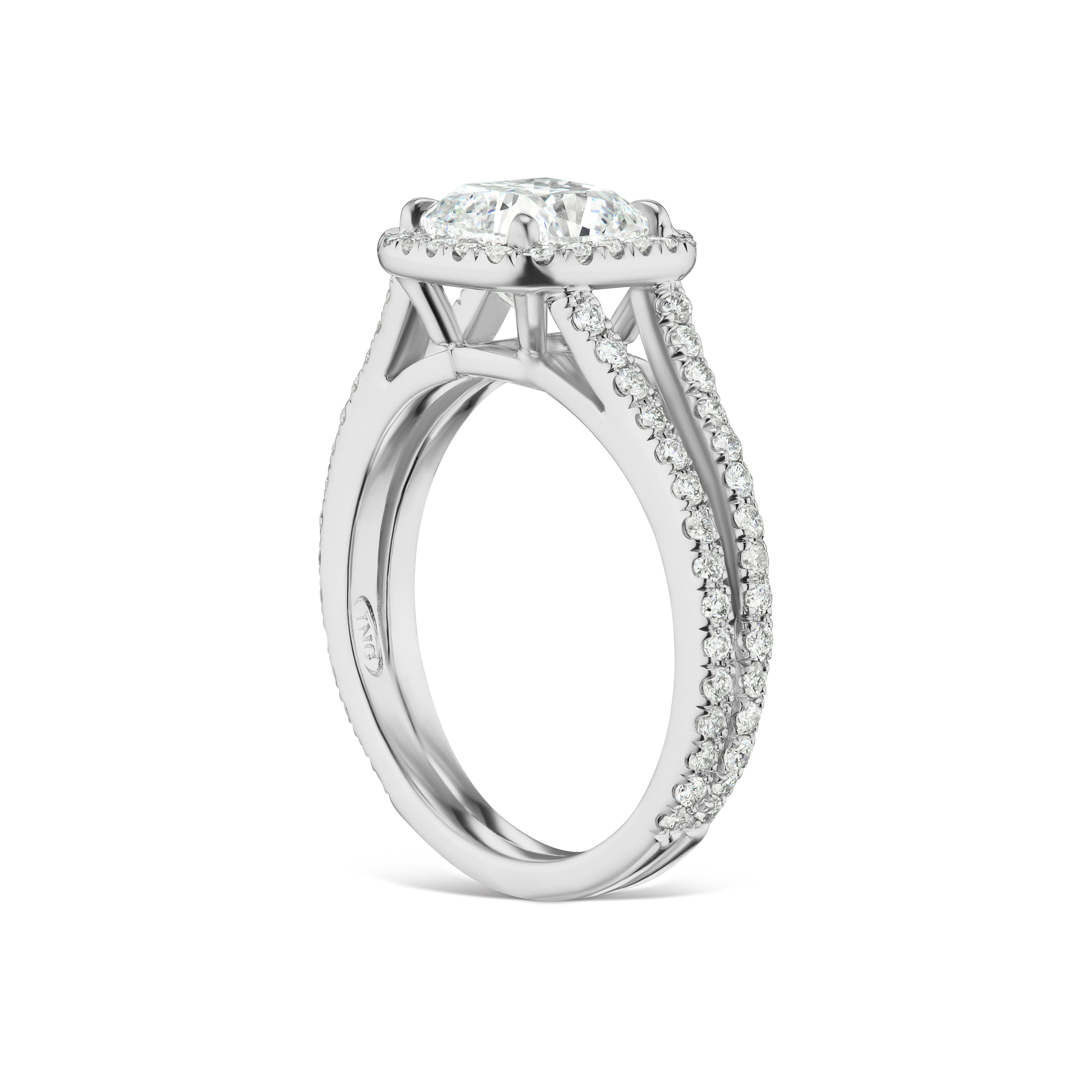 Modern 1.51 Carat Conflict Free Cushion Cut FVS2 GIA in 14 Karat Halo with Split Shank For Sale