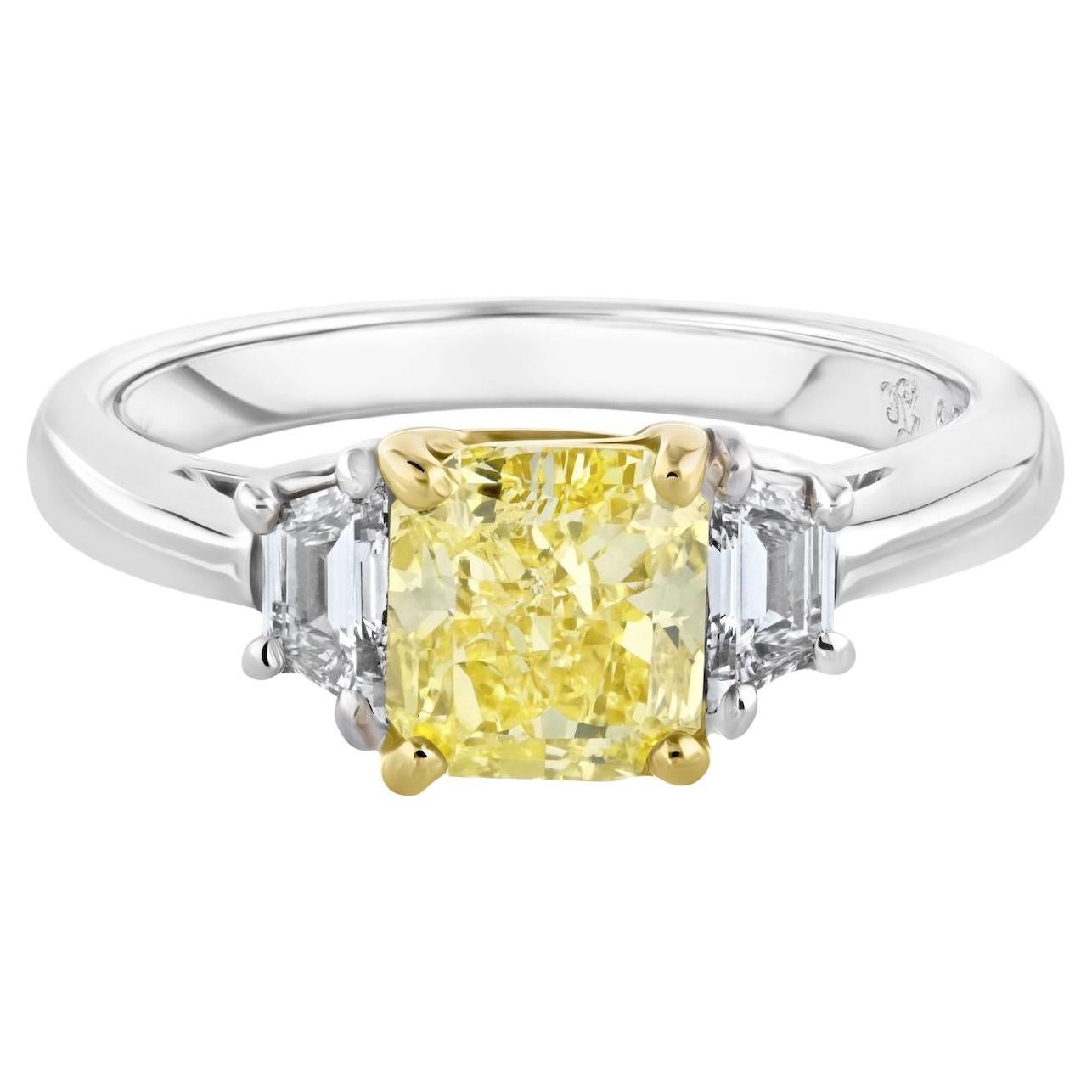 1.51 ct Fancy Intense Yellow Three Stone Diamond Engagement Ring For Sale
